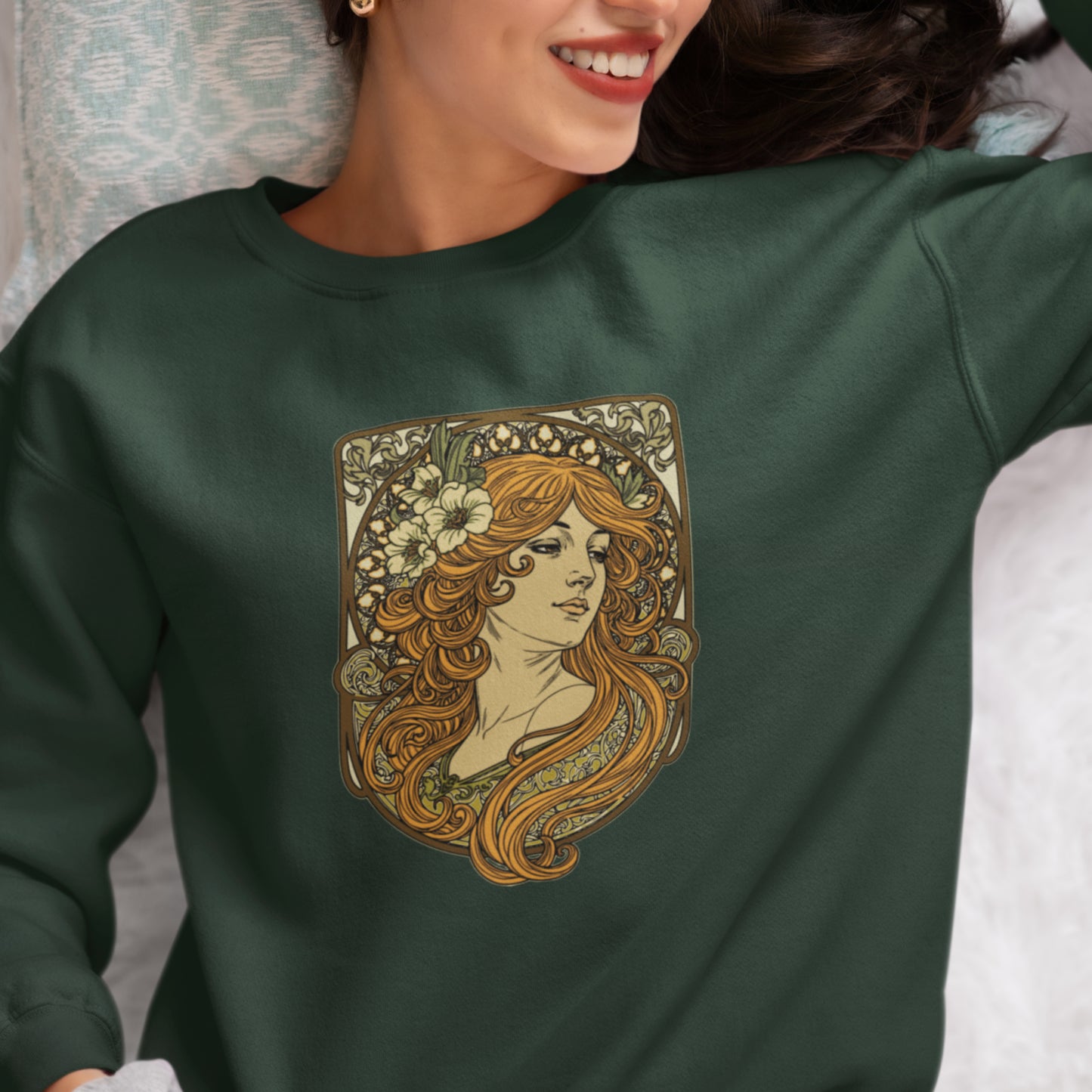 Alphonse Mucha-inspired Woman green/brown tones Unisex Sweatshirt