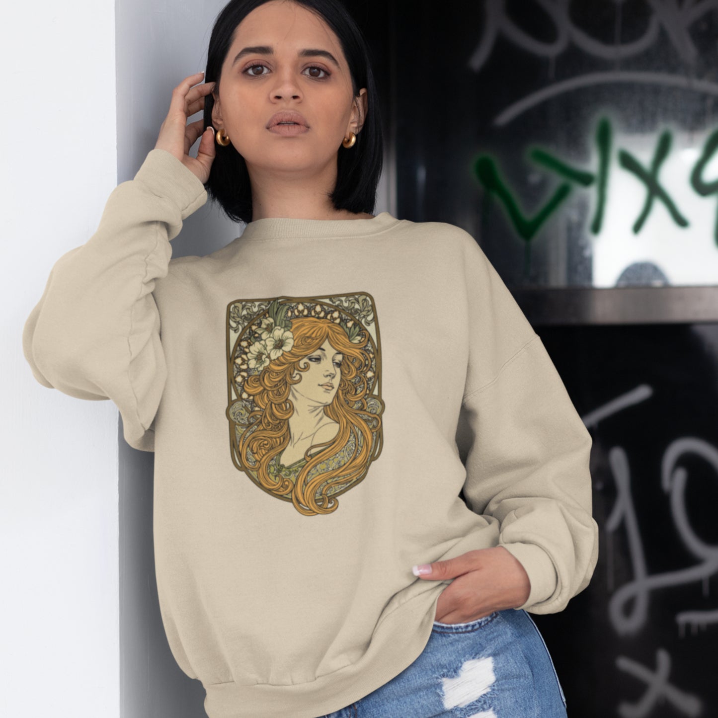 Alphonse Mucha-inspired Woman green/brown tones Unisex Sweatshirt
