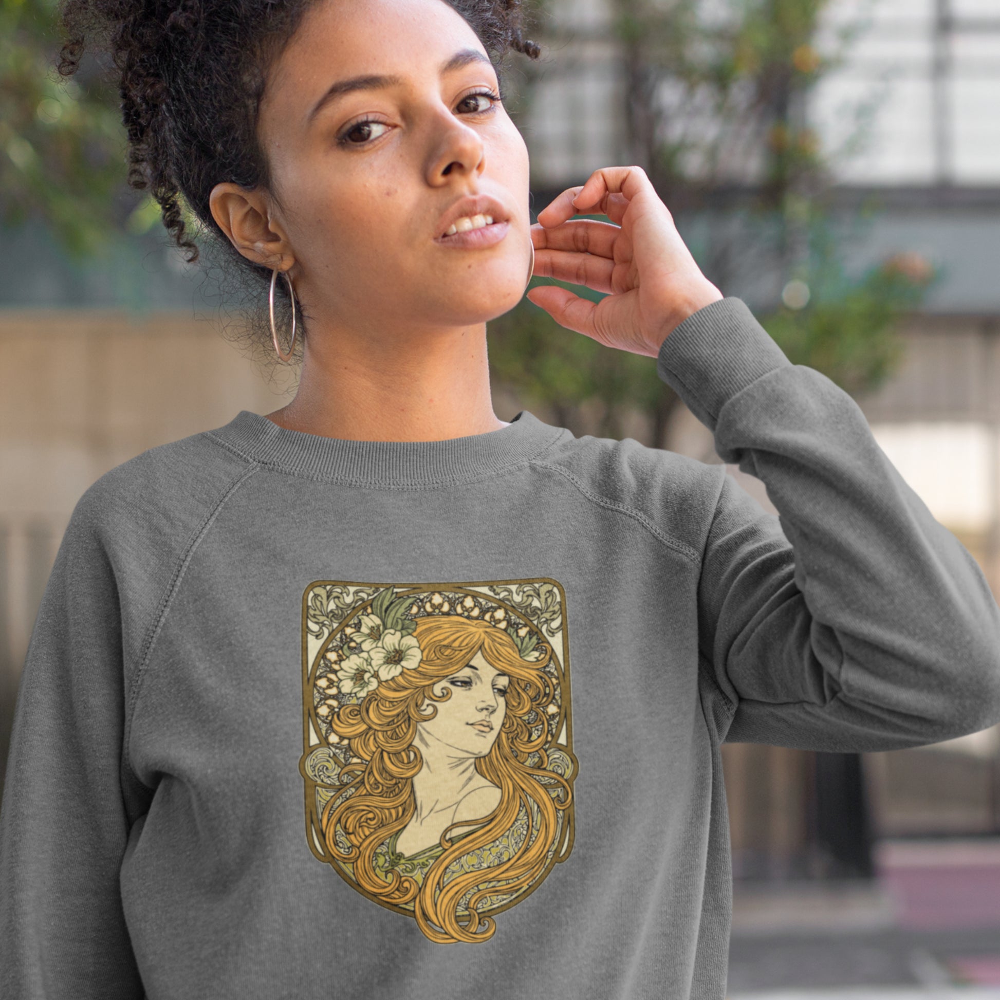 Alphonse Mucha-inspired Woman green/brown tones Unisex Sweatshirt