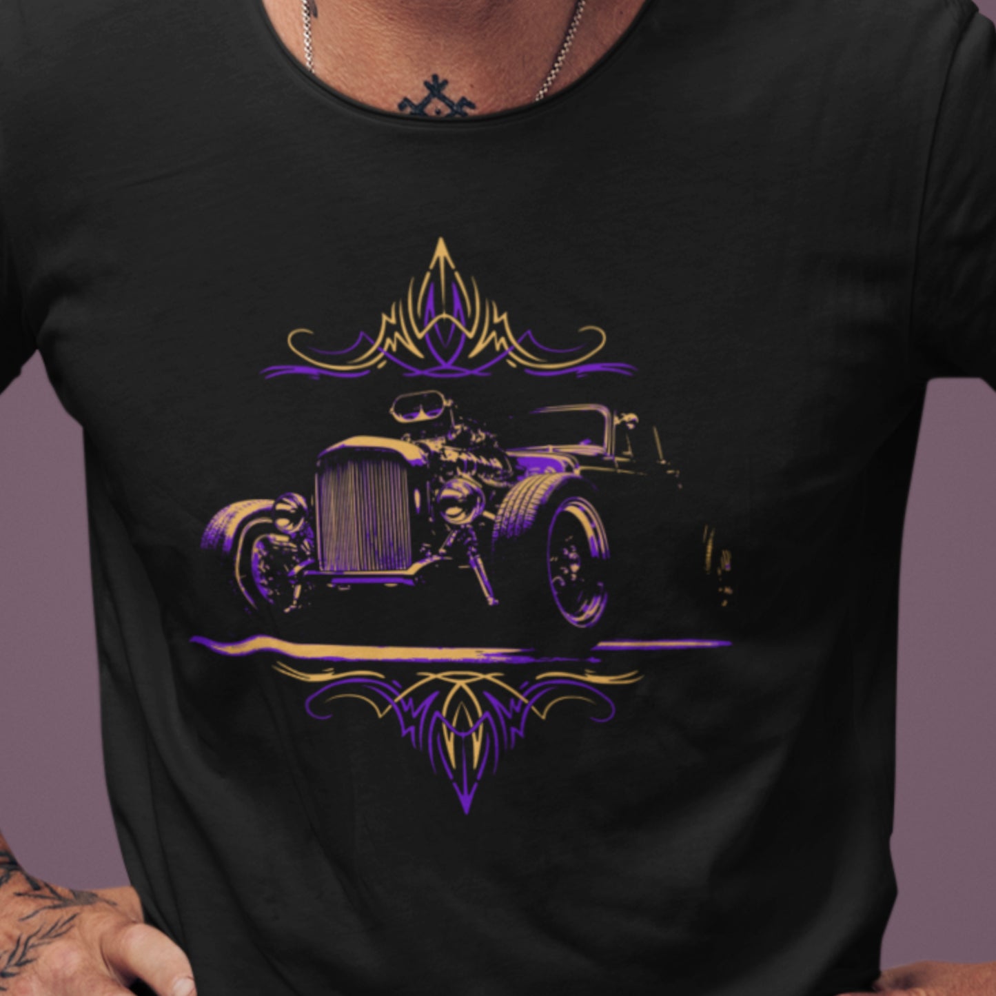 1932 Ford Hot Rod T-Shirt: Pinstripe Unisex Tee Purple and Orange version