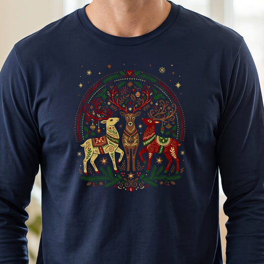 Nordic Folk Art Reindeer Unisex Long Sleeve Shirt, Scandinavian Christmas Tee, Vintage Holiday Shirt
