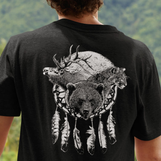 North American Wildlife Unisex Tee - featuring Bear, Elk, Cougar, Moon with Eagle Feathers, image on back at zoeysgarage.net