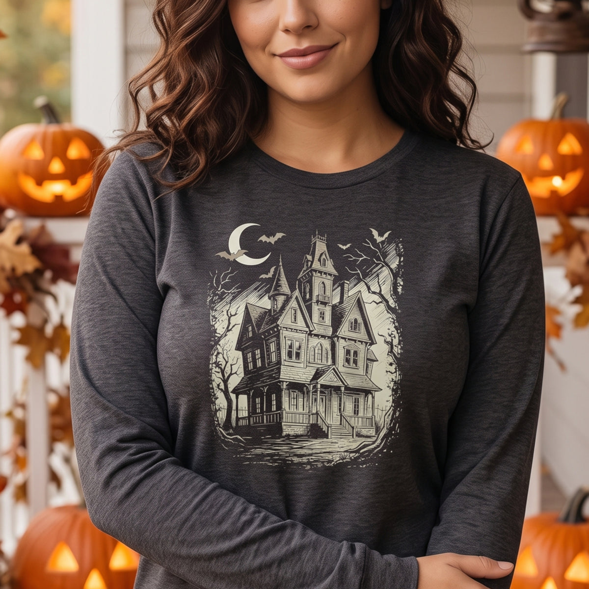 Haunted House T-Shirt, Gothic Victorian Mansion Halloween Shirt, Unisex Long Sleeve Tee