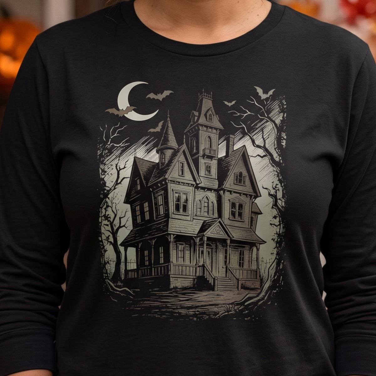 Haunted House T-Shirt, Gothic Victorian Mansion Halloween Shirt, Unisex Long Sleeve Tee
