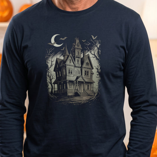 Haunted House T-Shirt, Gothic Victorian Mansion Halloween Shirt, Unisex Long Sleeve Tee