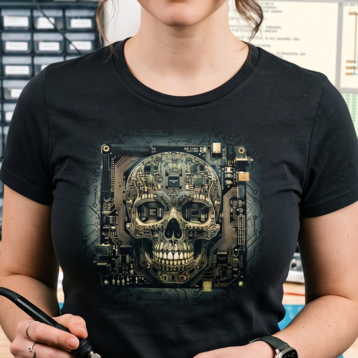 Cyberpunk Skull T-Shirt, Circuit Board Skull Graphic Tee, Sci-Fi Tech Skull Shirt, Hacker Gamer Gift Shirt