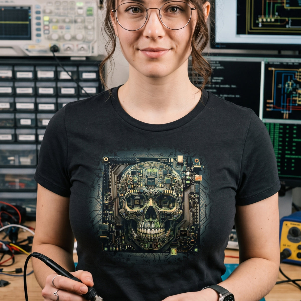 Cyberpunk Skull T-Shirt, Circuit Board Skull Graphic Tee, Sci-Fi Tech Skull Shirt, Hacker Gamer Gift Shirt