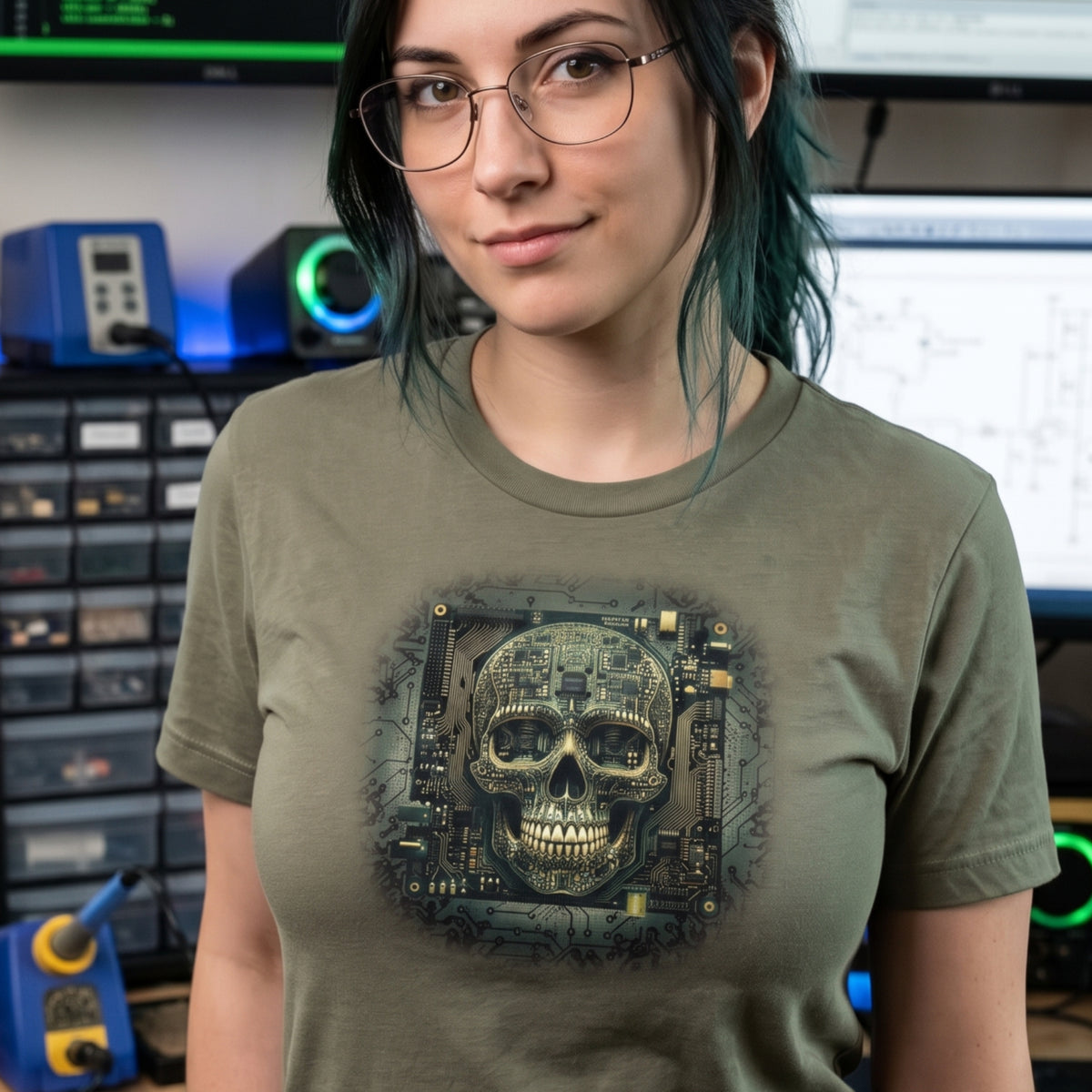 Cyberpunk Skull T-Shirt, Circuit Board Skull Graphic Tee, Sci-Fi Tech Skull Shirt, Hacker Gamer Gift Shirt