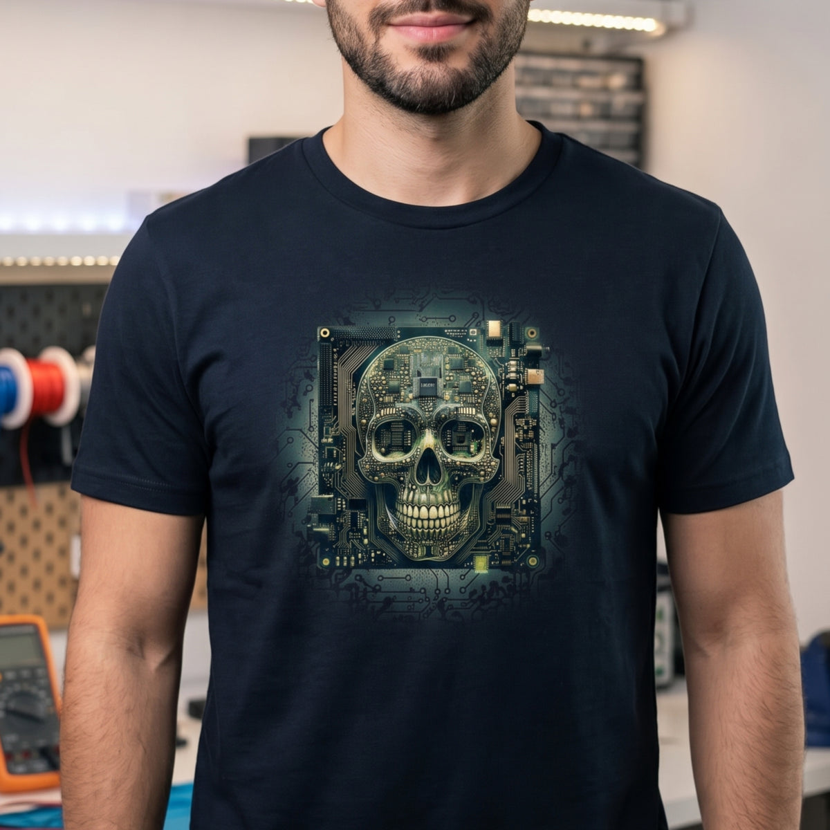 Cyberpunk Skull T-Shirt, Circuit Board Skull Graphic Tee, Sci-Fi Tech Skull Shirt, Hacker Gamer Gift Shirt