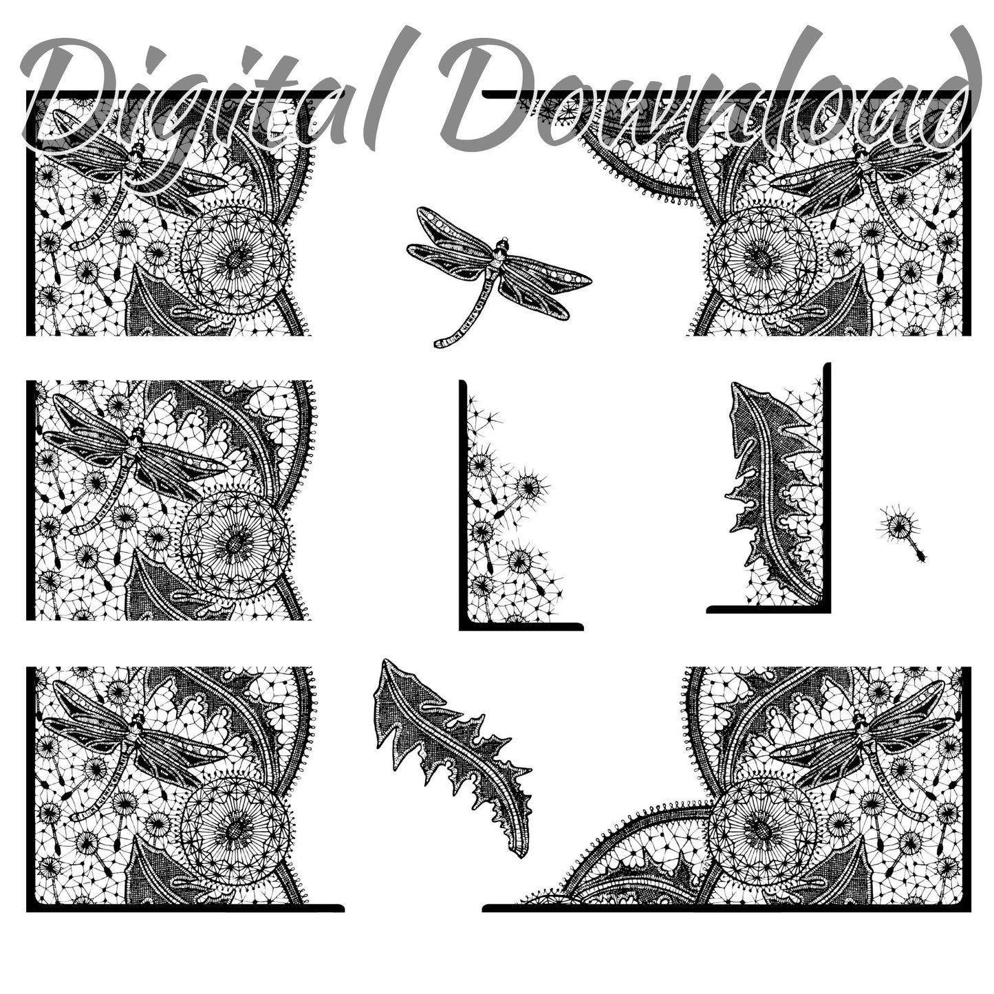 Dragonfly/ Dandelion Art Nouveau Page border in SVG JPG PNG formats, instant digital download, printable clipart bundle