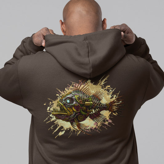 Steampunk Fish Unisex Hoodie - Mechanical angler fish sweatshirt - image on back