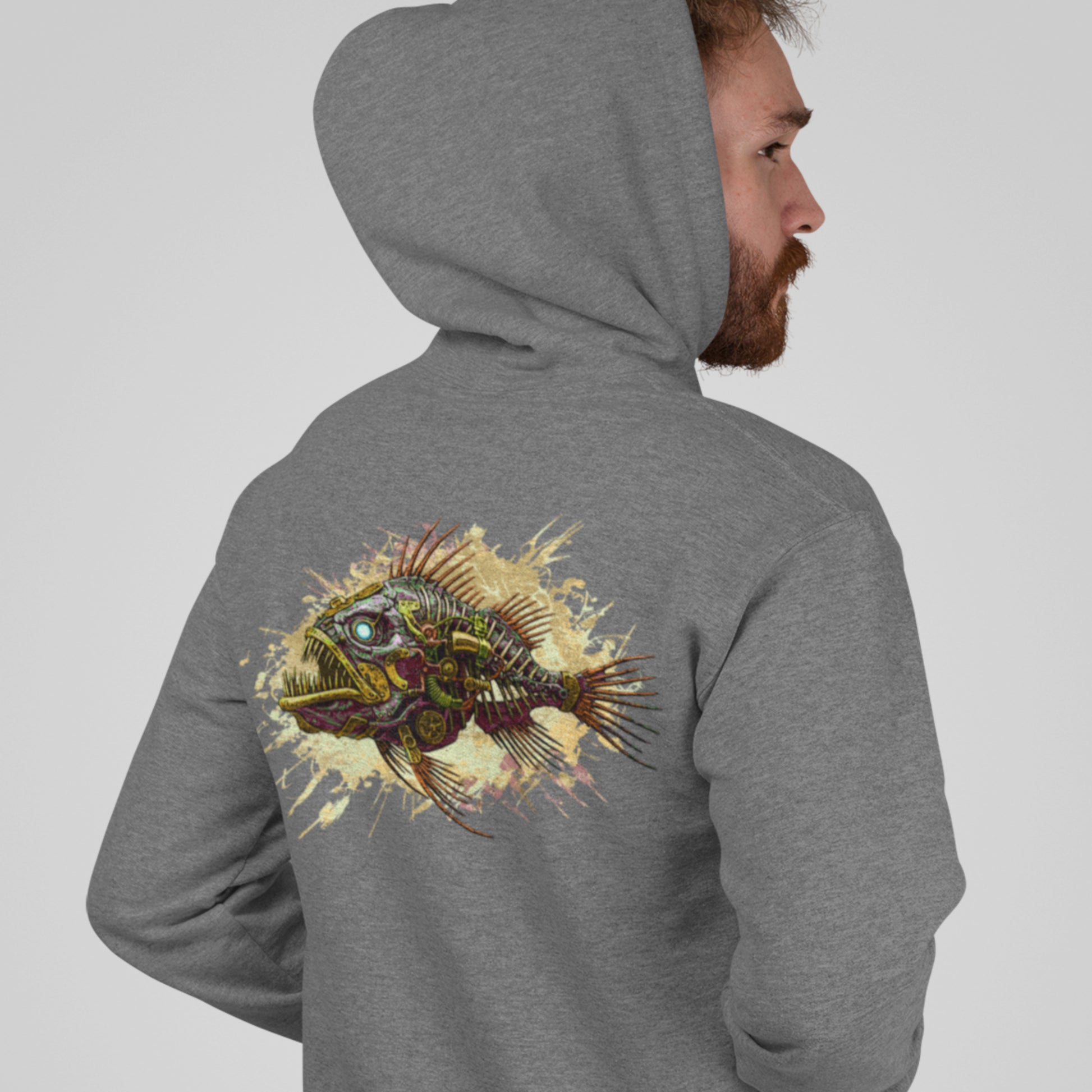 Steampunk Fish Unisex Hoodie - Mechanical angler fish sweatshirt - image on back