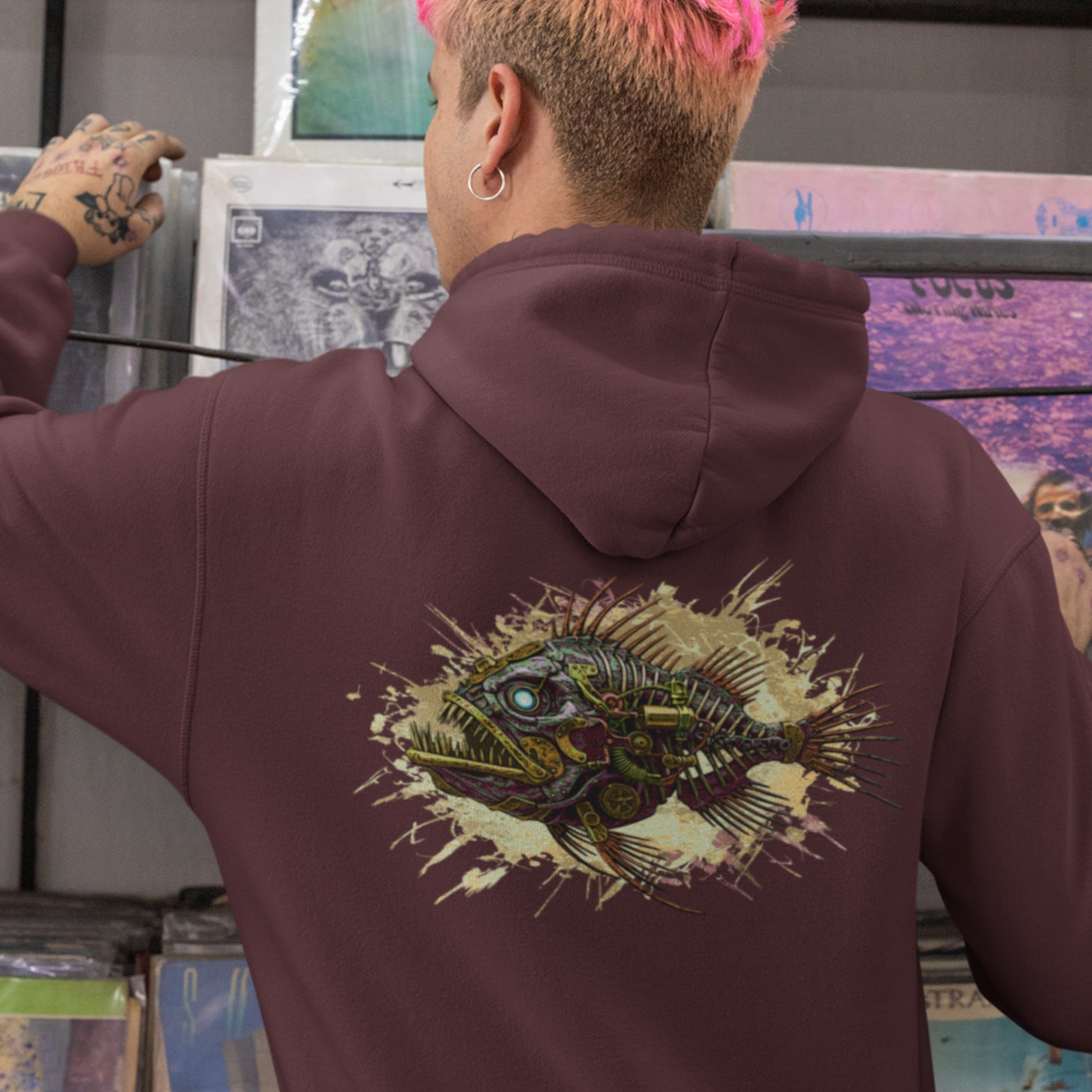 Steampunk Fish Unisex Hoodie - Mechanical angler fish sweatshirt - image on back