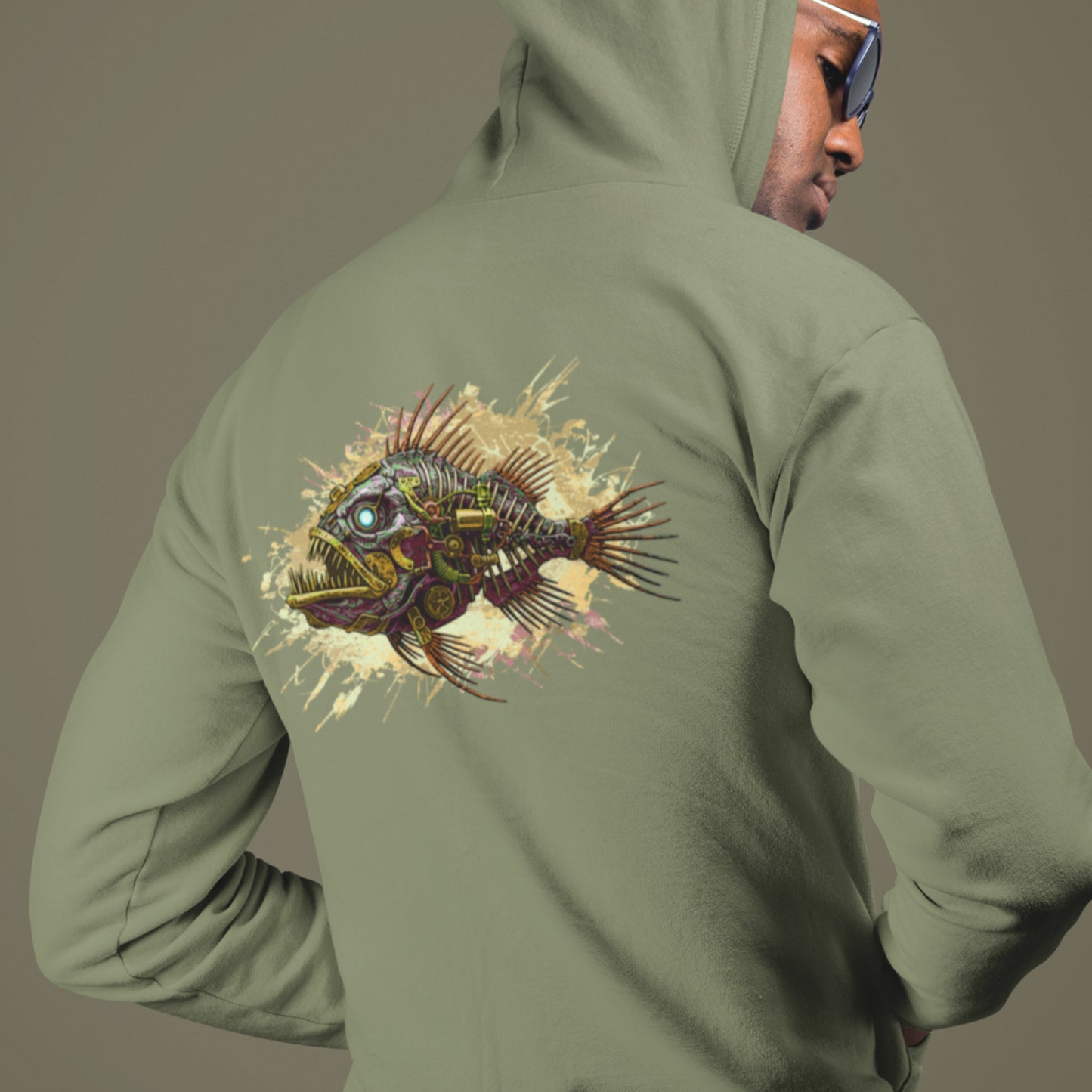 Steampunk Fish Unisex Hoodie - Mechanical angler fish sweatshirt - image on back