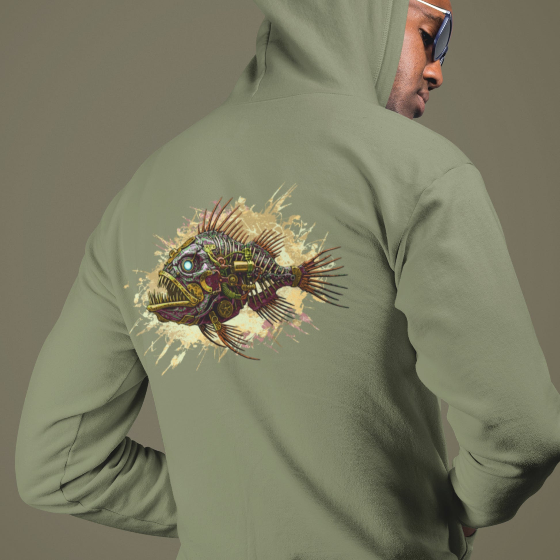 Steampunk Fish Unisex Hoodie - Mechanical angler fish sweatshirt - image on back