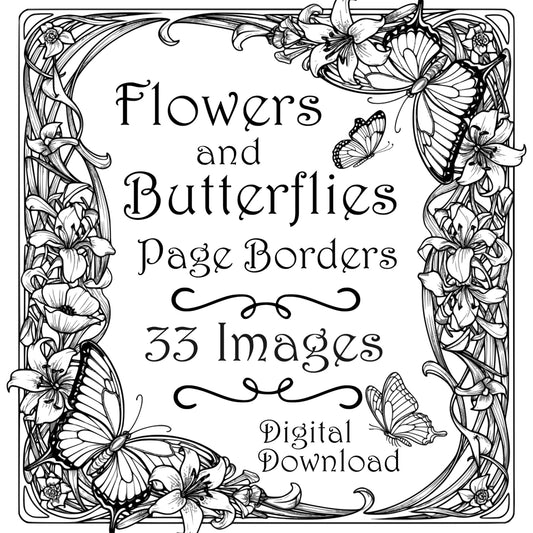 Flowers and Butterflies Border Frames - Vintage Flowers Clipart, SVG, PNG (Digital Download)