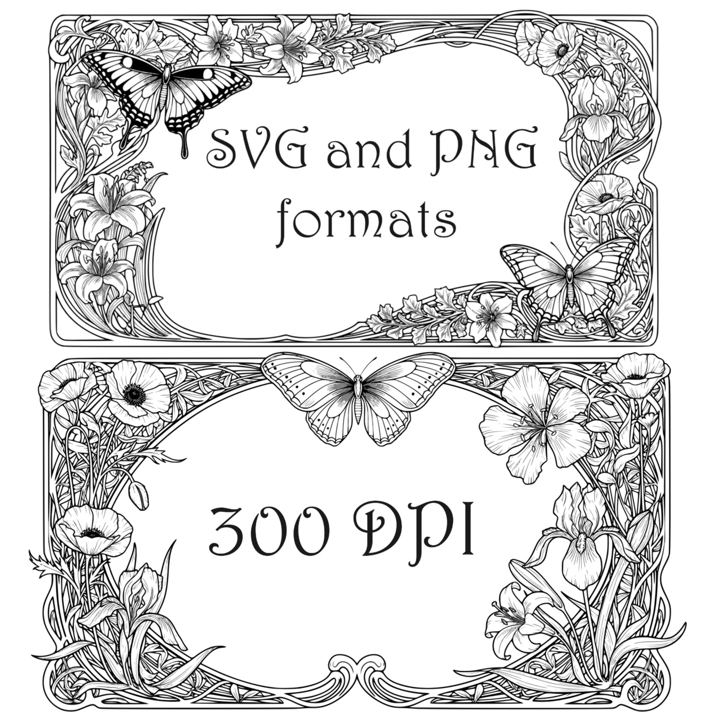 Flowers and Butterflies Border Frames - Vintage Flowers Clipart, SVG, PNG (Digital Download)