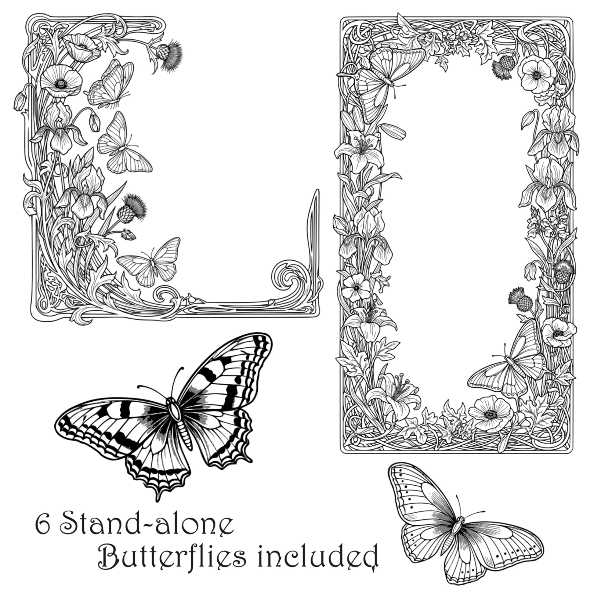 Flowers and Butterflies Border Frames - Vintage Flowers Clipart, SVG, PNG (Digital Download)