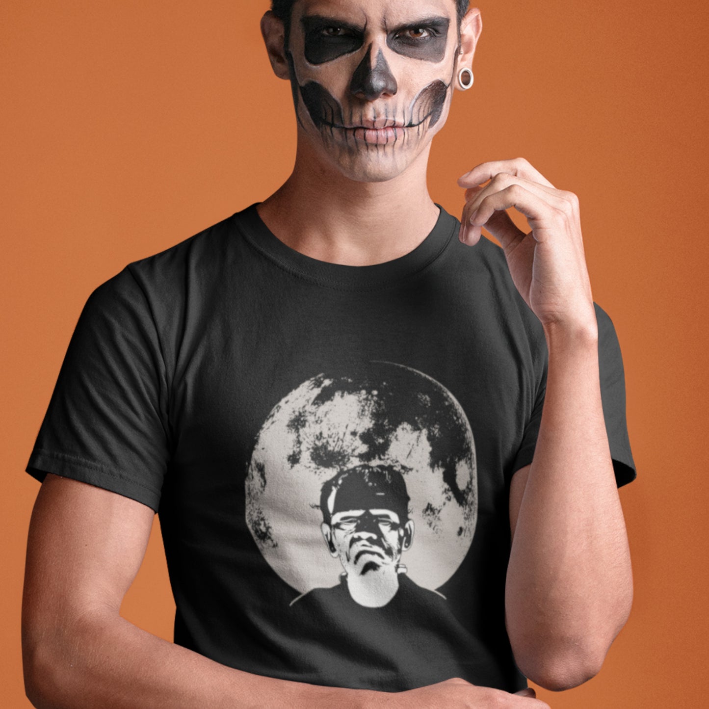 Frankenstein Moon Halloween Unisex Jersey Tee, Frankenstein's monster framed by full moon