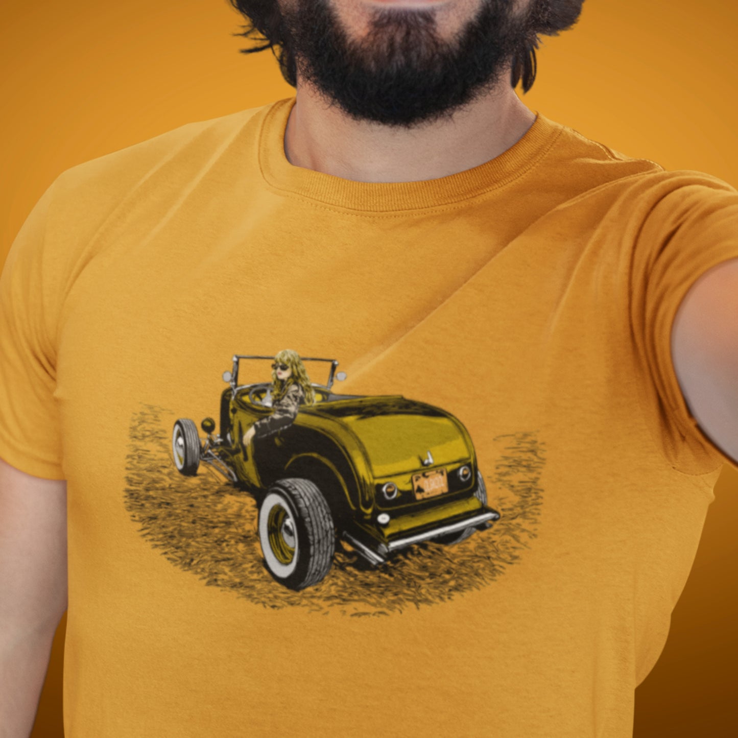 Classic car shirt featuring woman in highboy roadster, Hot Rod Girl Unisex Jersey Gold version