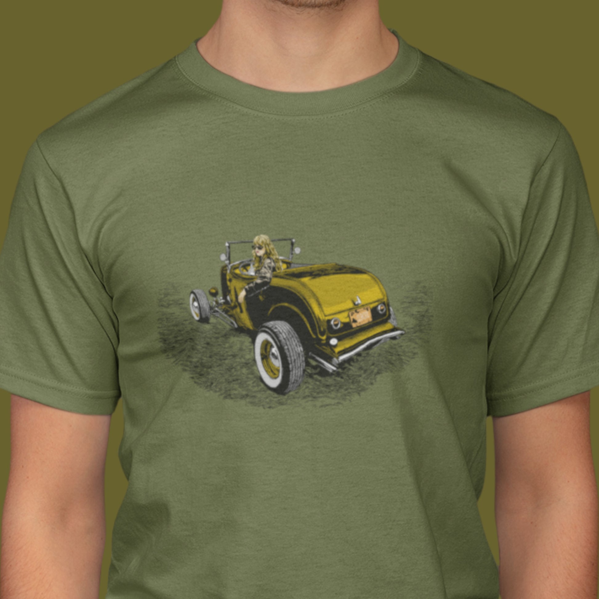 Classic car shirt featuring woman in highboy roadster, Hot Rod Girl Unisex Jersey Gold version