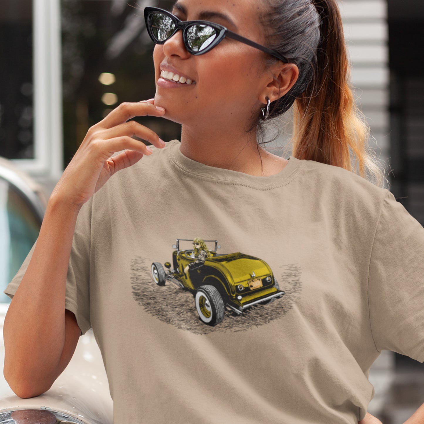 Classic car shirt featuring woman in highboy roadster, Hot Rod Girl Unisex Jersey Gold version