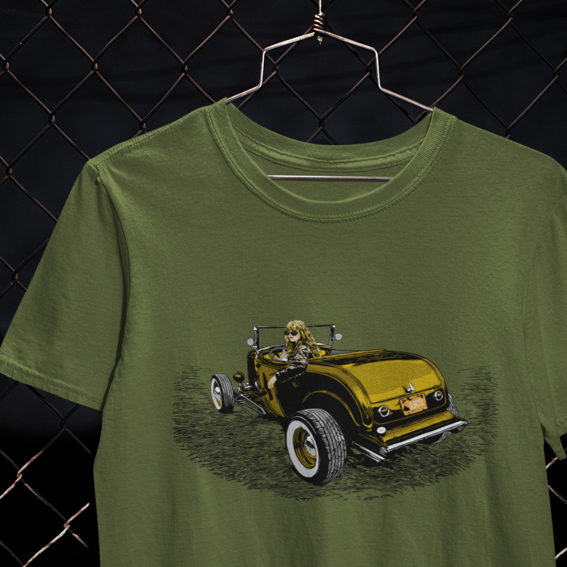 Classic car shirt featuring woman in highboy roadster, Hot Rod Girl Unisex Jersey Gold version