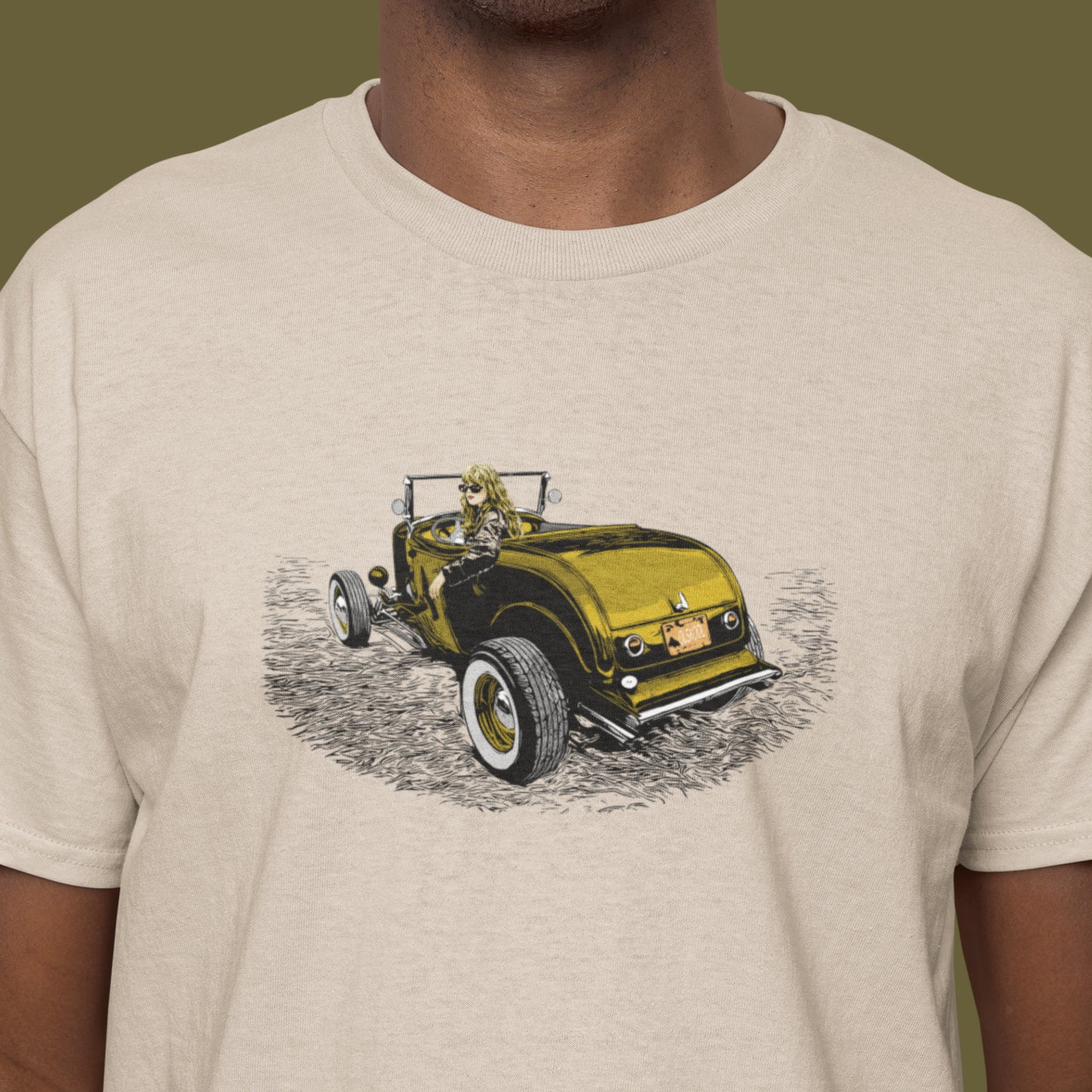 Classic car shirt featuring woman in highboy roadster, Hot Rod Girl Unisex Jersey Gold version