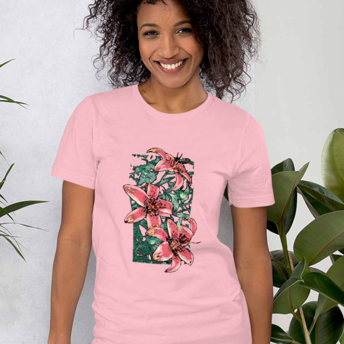 Floral T-shirt with Pink Lilies design - Unisex Jersey Tee for Spring and Summer