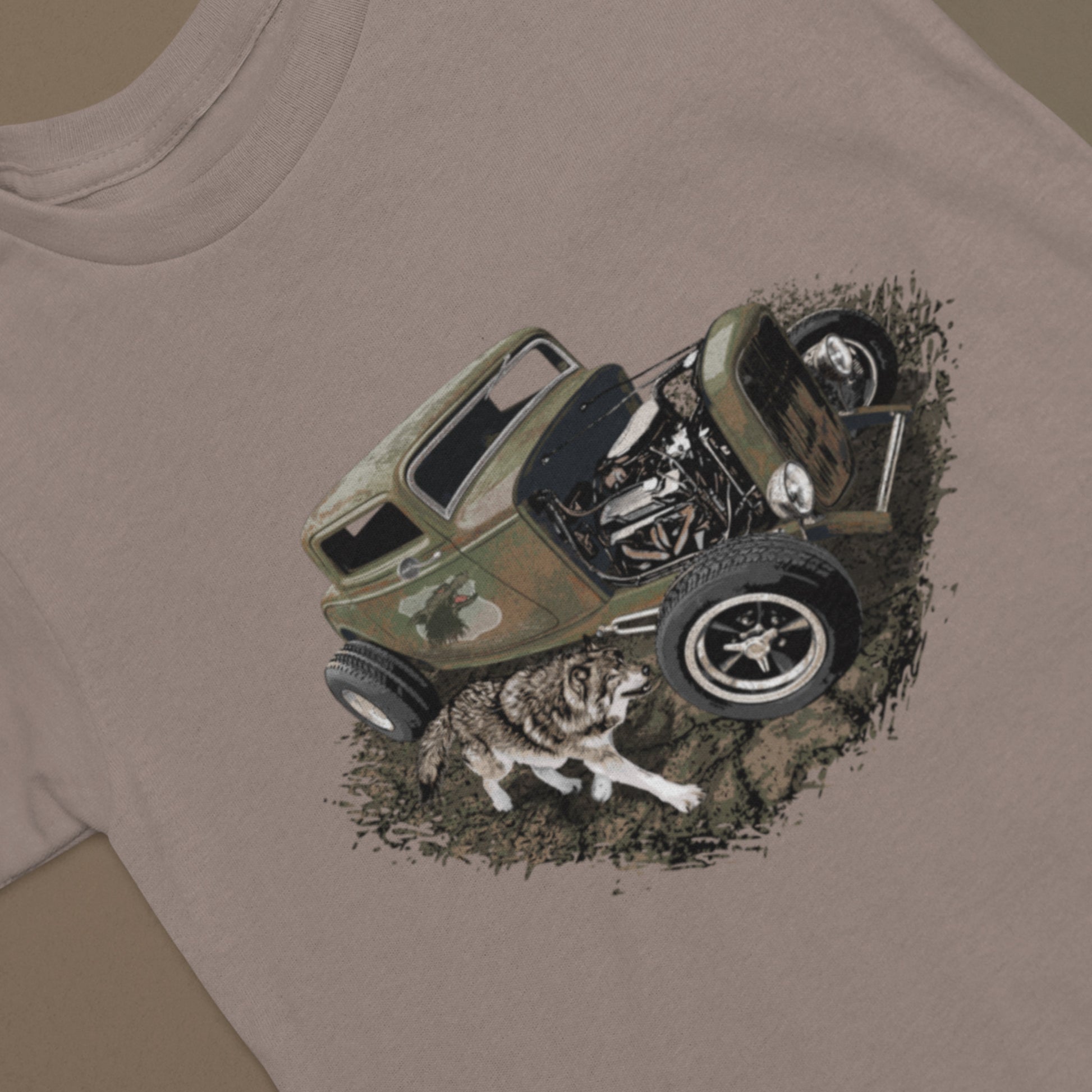 Classic car shirt - Rusty Hot Rod with Wolf