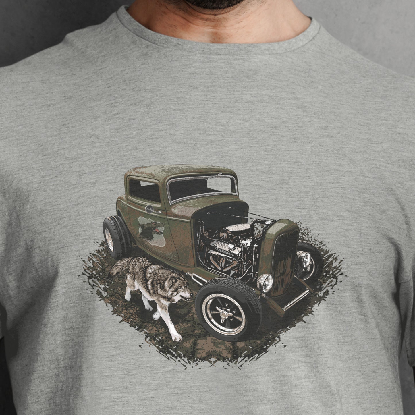 Classic car shirt - Rusty Hot Rod with Wolf