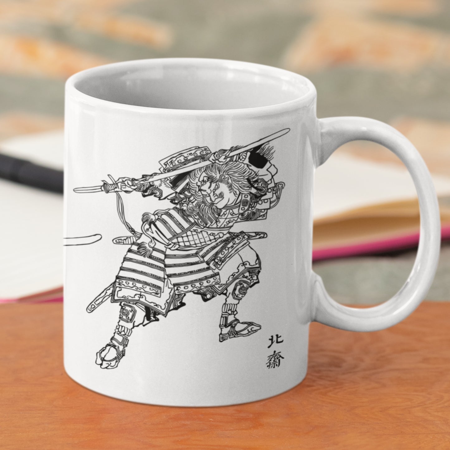 White glossy mug featuring 3 Samurai Warriors from Katsushika Hokusai's Samurai Sketches