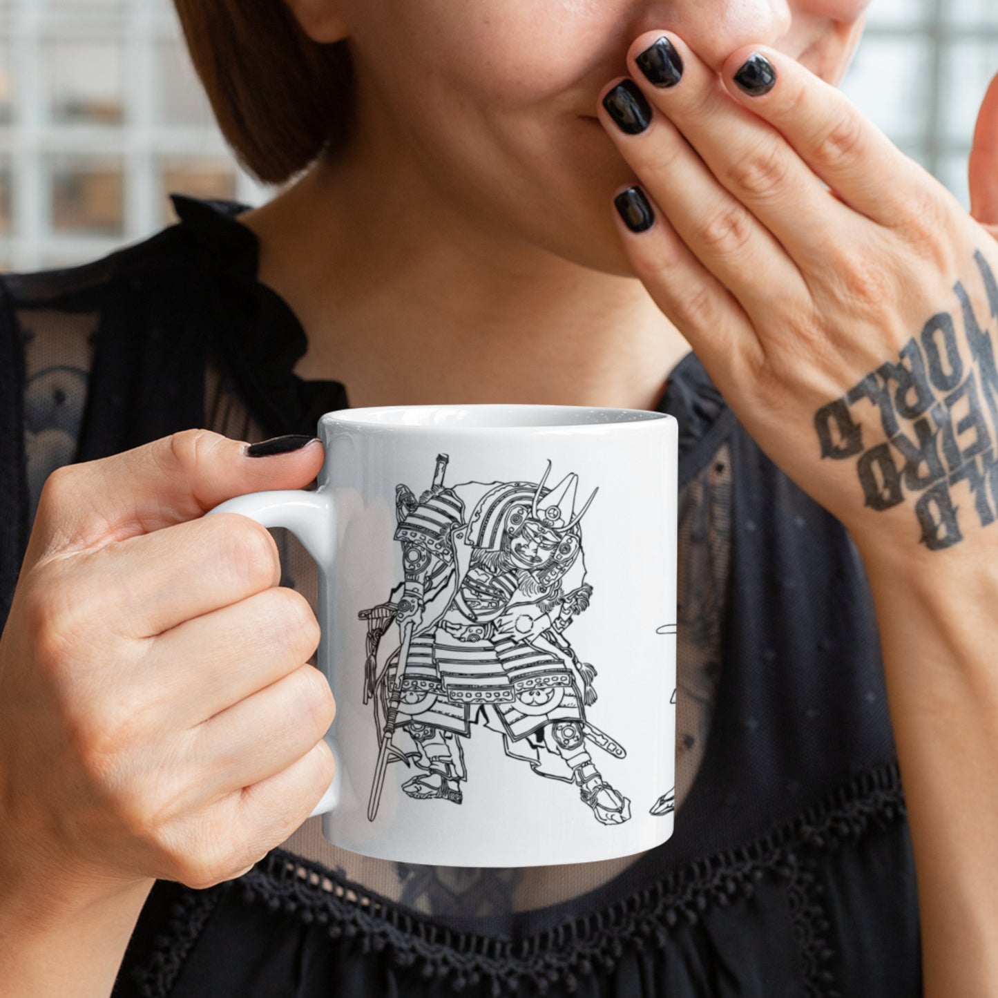 White glossy mug featuring 3 Samurai Warriors from Katsushika Hokusai's Samurai Sketches