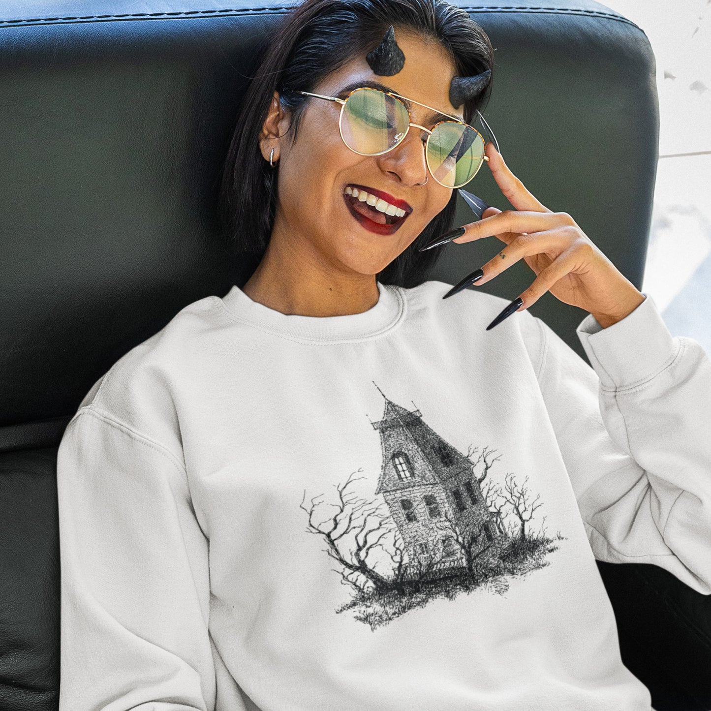 Creepy Haunted House Unisex Heavy Blend Crewneck Sweatshirt, light version, Scary Halloween themed sweatshirt