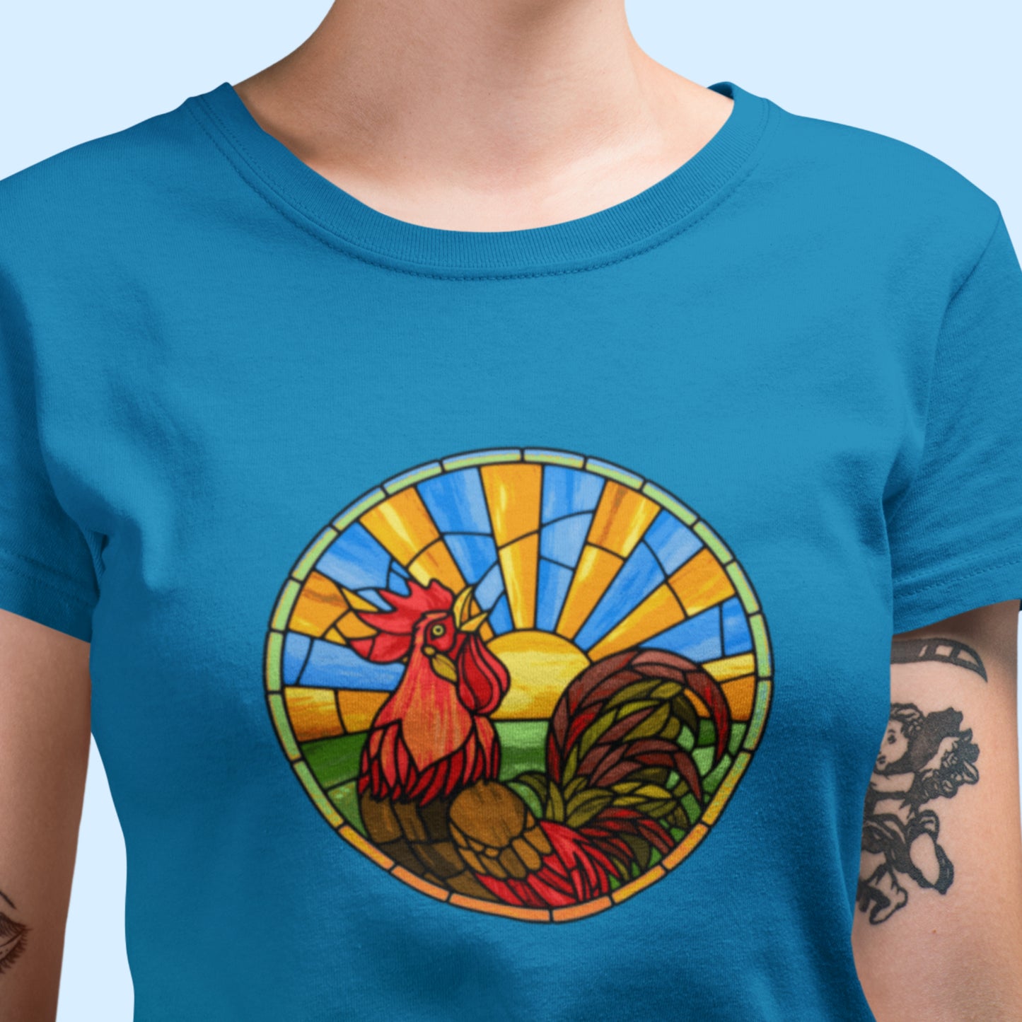 Stained Glass Rooster Unisex classic tee - Chicken Shirt!  Rise and shine with our radiant rooster tee! This stained glass-inspired design is the perfect way to start your day. 
