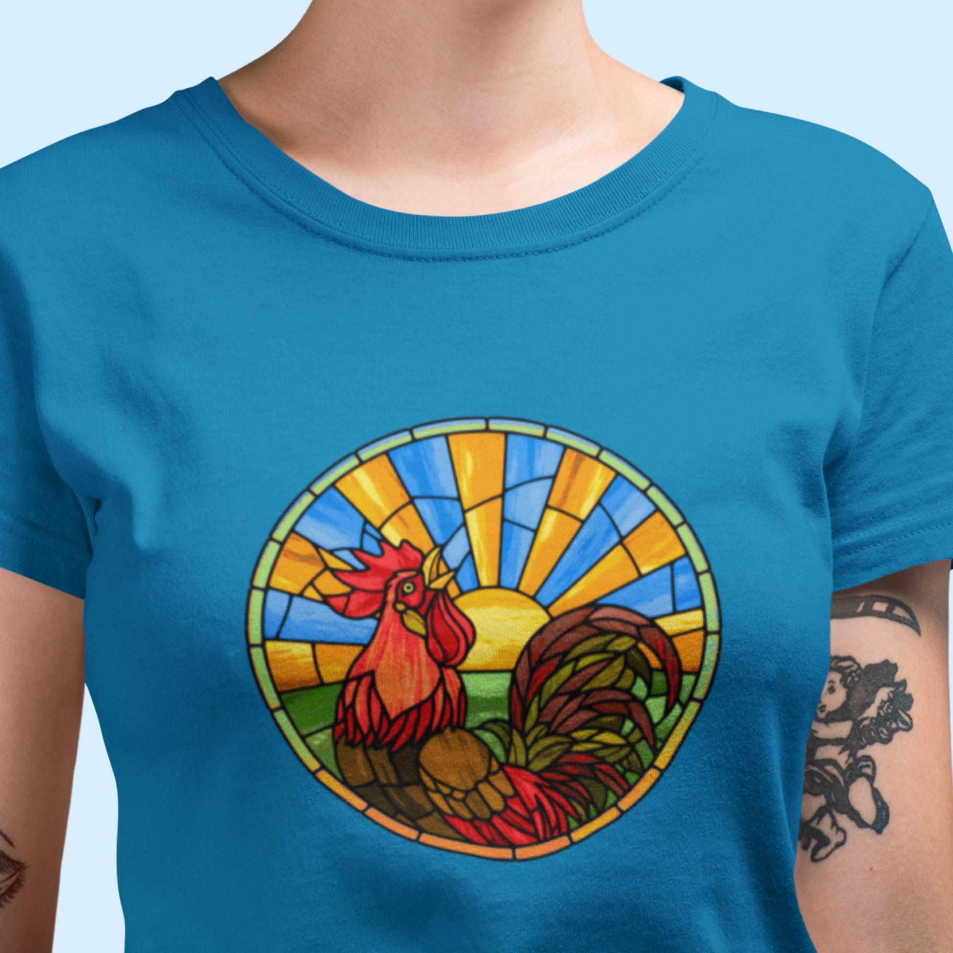 Stained Glass Rooster Unisex classic tee - Chicken Shirt!  Rise and shine with our radiant rooster tee! This stained glass-inspired design is the perfect way to start your day. 