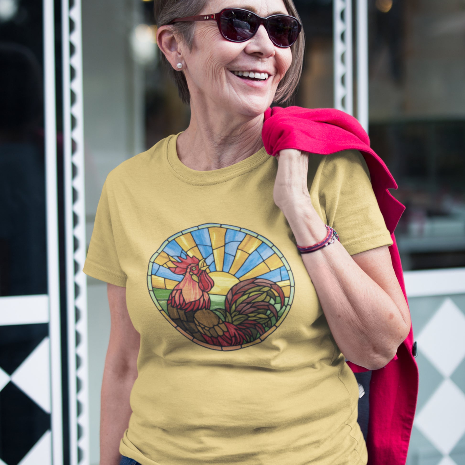 Stained Glass Rooster Unisex classic tee - Chicken Shirt!  Rise and shine with our radiant rooster tee! This stained glass-inspired design is the perfect way to start your day. 
