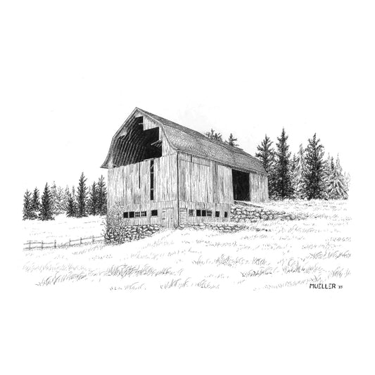 Rustic Old Barn Pen and Ink Drawing Wall Art, 8" x 12" Unframed, Original hand drawn artwork
