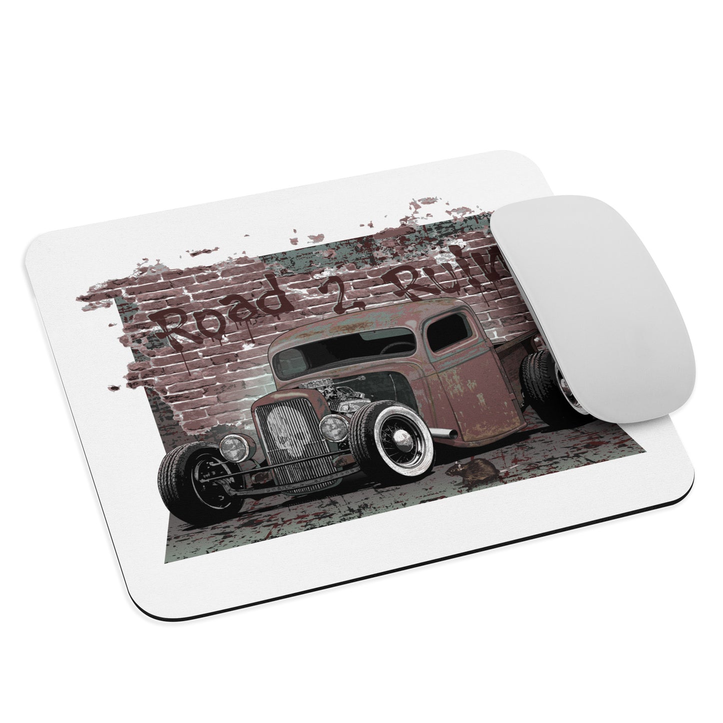 Mouse pad featuring rusty Rat Rod Truck with skull emblem