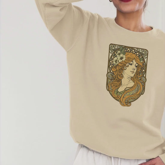 Alphonse Mucha-inspired Woman green/brown tones Unisex Sweatshirt