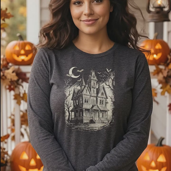 Haunted House T-Shirt, Gothic Victorian Mansion Halloween Shirt, Unisex Long Sleeve Tee