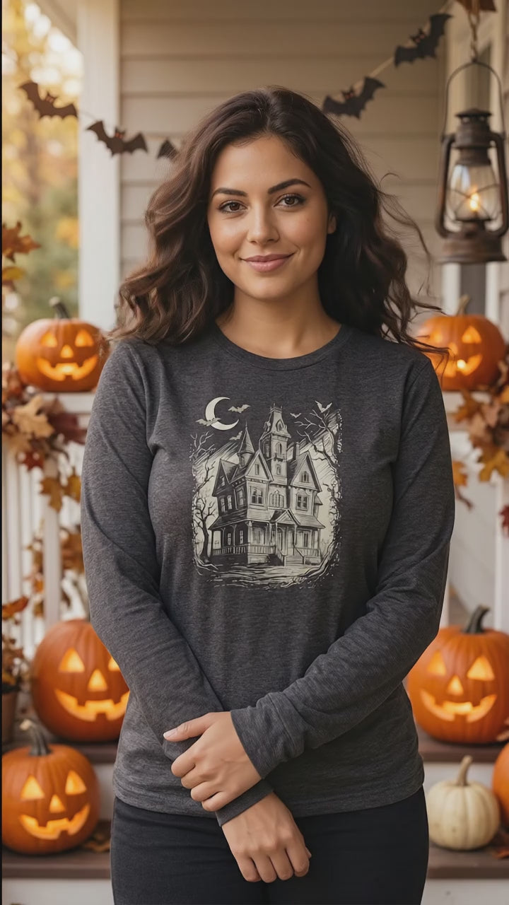 Haunted House T-Shirt, Gothic Victorian Mansion Halloween Shirt, Unisex Long Sleeve Tee