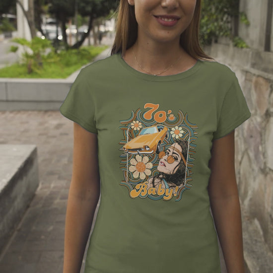 70's Baby! Unisex t-shirt featuring a young woman and Ford Pinto in 70's color palette