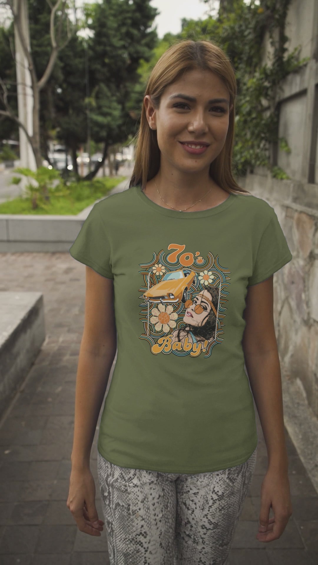 70's Baby! Unisex t-shirt featuring a young woman and Ford Pinto in 70's color palette