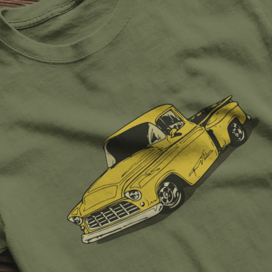 Classic truck shirt featuring yellow 55 Chevy pickup - Unisex T-shirt with classic truck