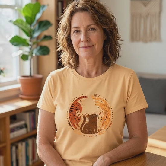Folk Art Cat Shirt | Celestial Three Cats Tee | Yellow Brown Mystical T-Shirt
