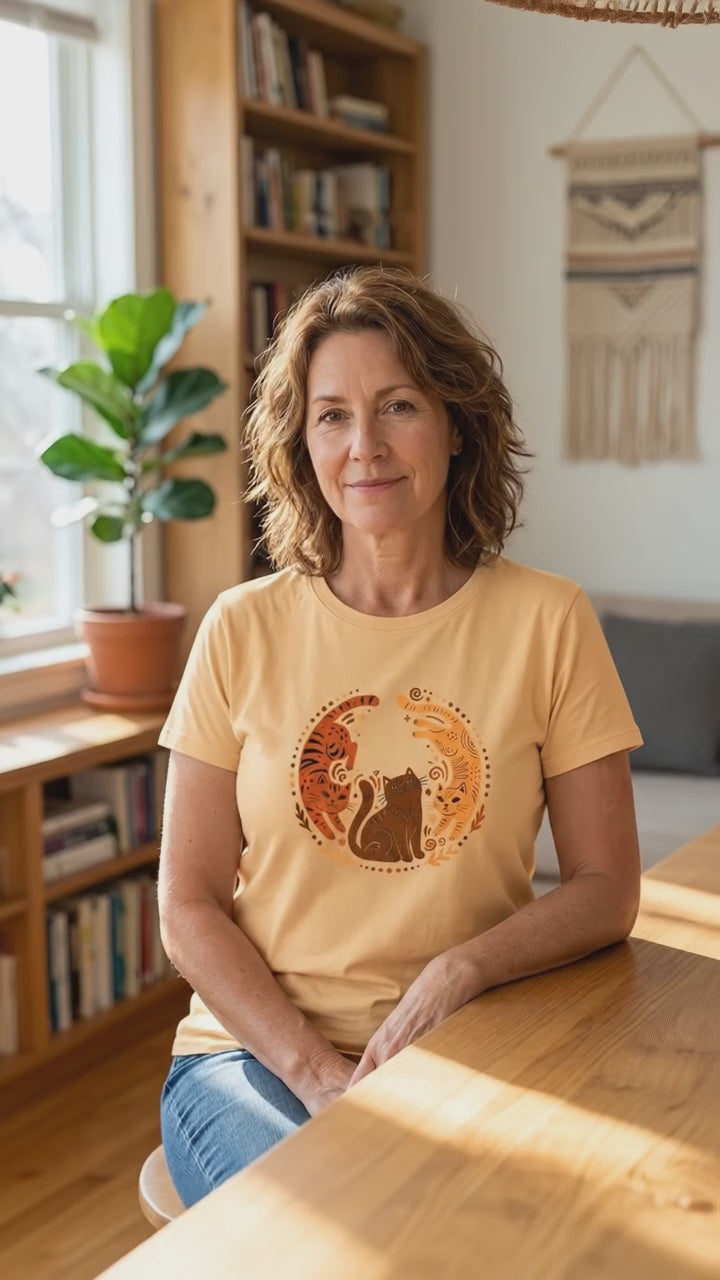 Folk Art Cat Shirt | Celestial Three Cats Tee | Yellow Brown Mystical T-Shirt
