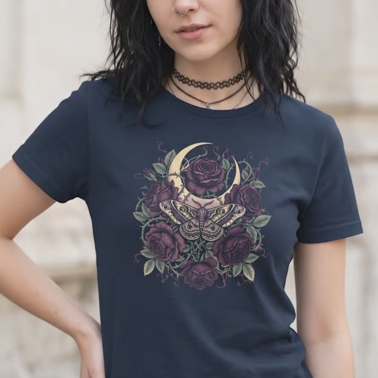 Gothic Moth Shirt, Dark Botanical Moon and Roses Tee, Witchy Celestial Moon Moth T-Shirt, Dark Academia Goth Gift for Her