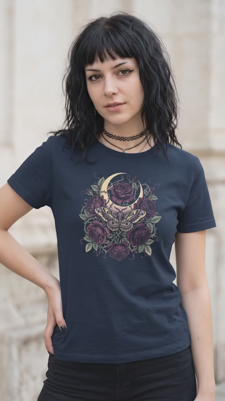 Gothic Moth Shirt, Dark Botanical Moon and Roses Tee, Witchy Celestial Moon Moth T-Shirt, Dark Academia Goth Gift for Her
