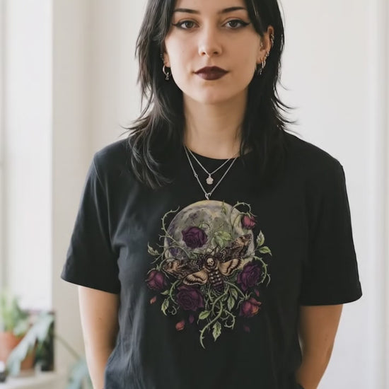 Dark Botanical Moth Shirt, Gothic Moon and Roses Tee, Dark Academia Goth Gift for Her